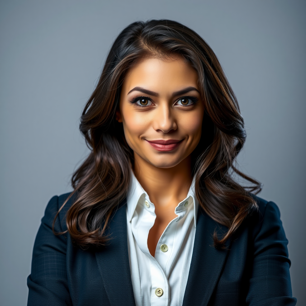 Porträt einer professionellen Datenanalystin mit dunklem Haar in Business-Kleidung