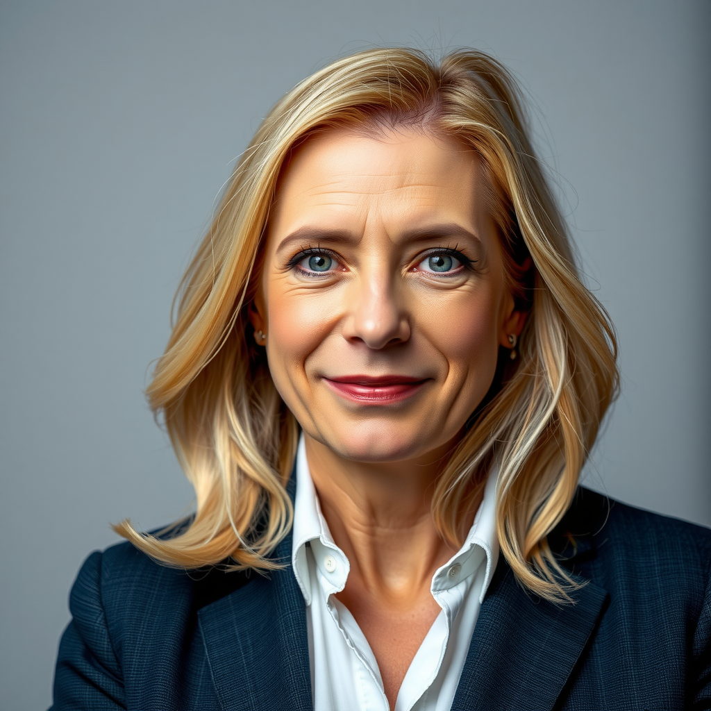 Porträt einer erfahrenen Finanzexpertin mit blondem Haar in professionellem Business-Outfit