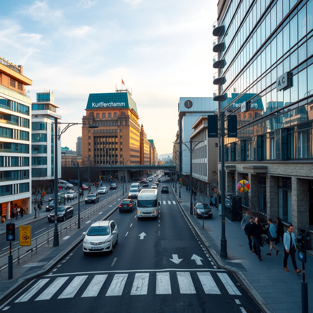 Kurfürstendamm in Berlin mit modernen Bürogebäuden, belebter Straße und charakteristischer Stadtarchitektur