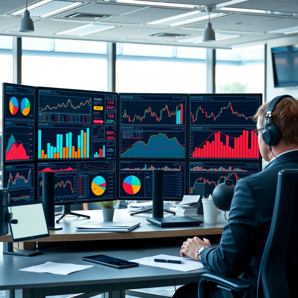 Professionelle Marktanalyse mit Diagrammen, Finanzberichten und Datenvisualisierungen auf modernen Bildschirmen in einem hellen Büro
