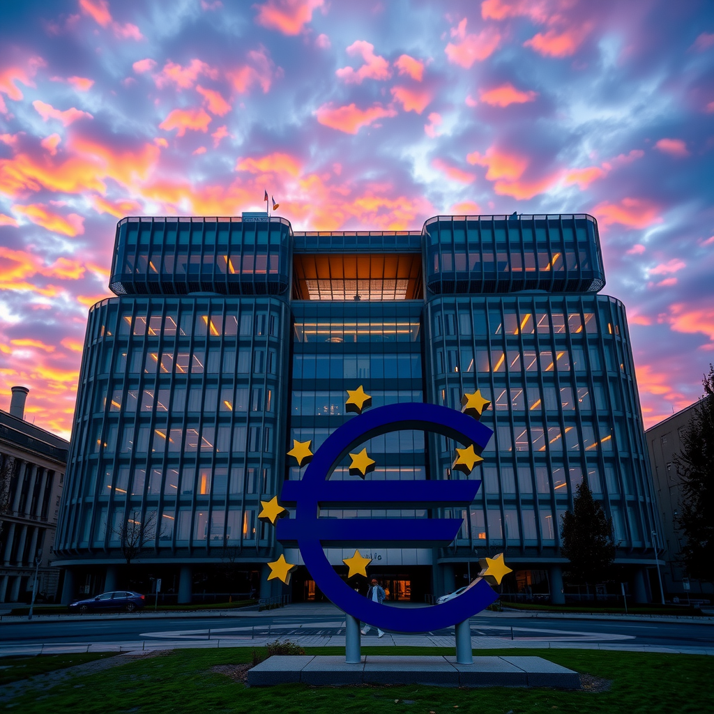 Modernes Gebäude der Europäischen Zentralbank in Frankfurt am Main mit charakteristischer Doppelturmarchitektur und Euro-Symbol im Vordergrund, aufgenommen bei Sonnenuntergang mit dramatischem Himmel