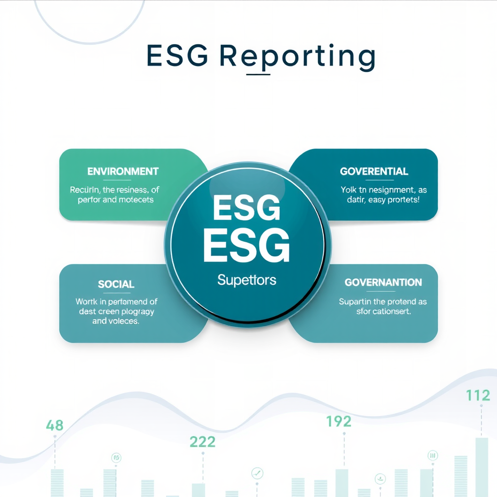 Moderne Darstellung eines ESG-Berichterstattungsrahmens mit drei Säulen für Umwelt, Soziales und Governance, visualisiert durch professionelle Infografik-Elemente in gedämpften Blau- und Grüntönen auf hellem Hintergrund