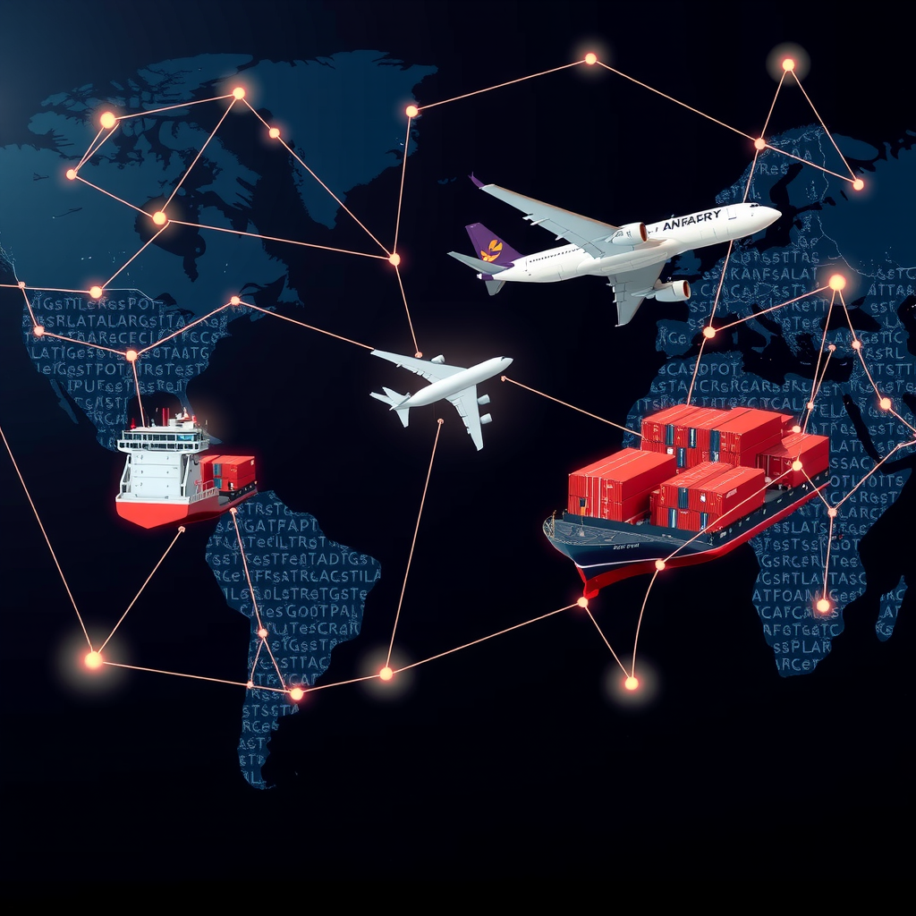Visualisierung eines globalen Lieferkettennetzwerks mit Containerschiffen, Frachtflugzeugen und Lagerhäusern, die durch digitale Verbindungslinien miteinander verknüpft sind, vor dem Hintergrund einer Weltkarte mit Handelsrouten