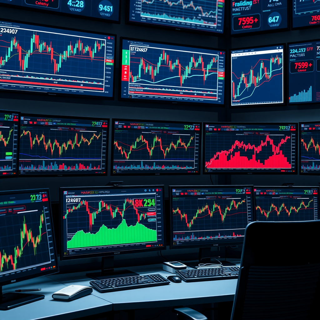 Detaillierte Finanzdiagramme und Marktdaten auf mehreren Monitoren in einem modernen Analysezentrum