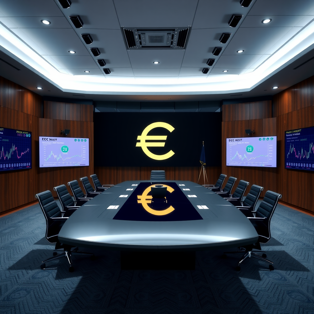 Professioneller Konferenzraum der Europäischen Zentralbank mit modernem Design, großem Tisch, Bildschirmen mit Wirtschaftsdaten und dem EZB-Logo im Hintergrund