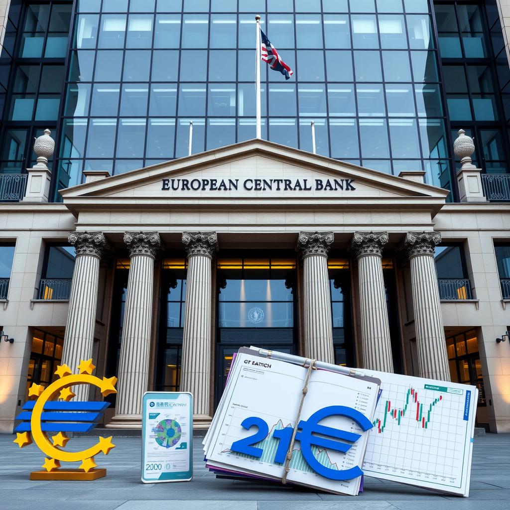 European Central Bank building facade with euro currency symbols and monetary policy documents, featuring professional financial imagery with graphs showing interest rate trends and economic indicators