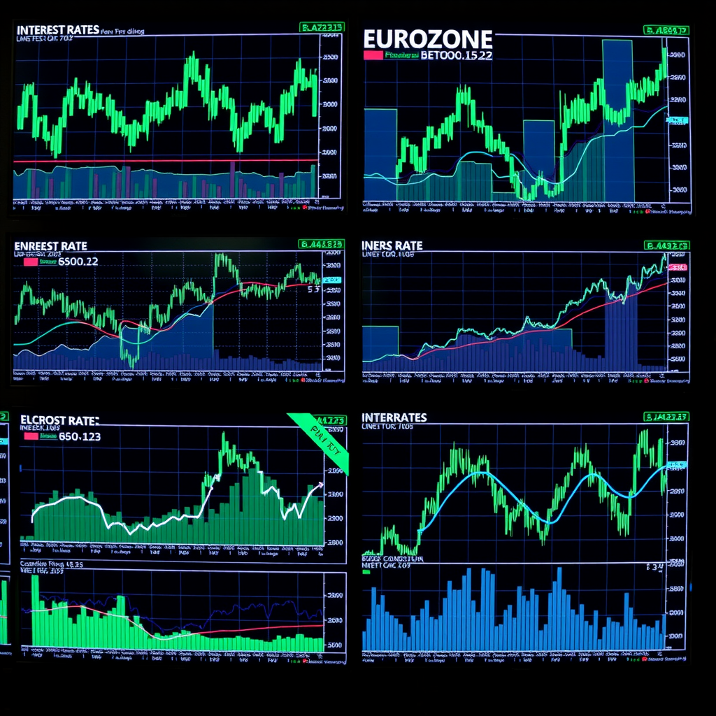 Detaillierte Finanzcharts und Diagramme auf mehreren Bildschirmen zeigen Zinsentwicklung, Inflationskurven und Wirtschaftsindikatoren der Eurozone mit grünen und blauen Linien auf dunklem Hintergrund