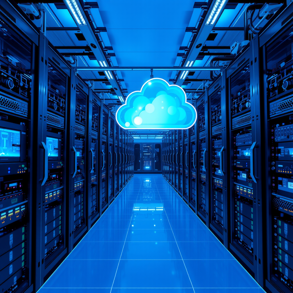 Moderne Technologie-Infrastruktur mit Servern, Cloud-Computing-Visualisierungen und digitalen Netzwerken in einem hochmodernen Rechenzentrum mit blauer Beleuchtung