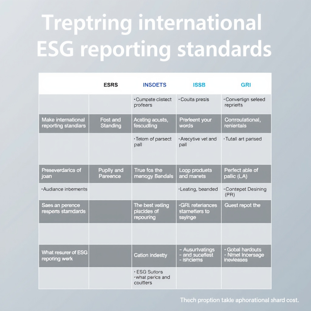 Vergleichende Übersicht verschiedener internationaler ESG-Berichtsstandards dargestellt als professionelle Tabelle oder Matrix mit ESRS, ISSB, GRI und anderen Rahmenwerken, visualisiert in neutralen Grautönen mit blauen Akzenten