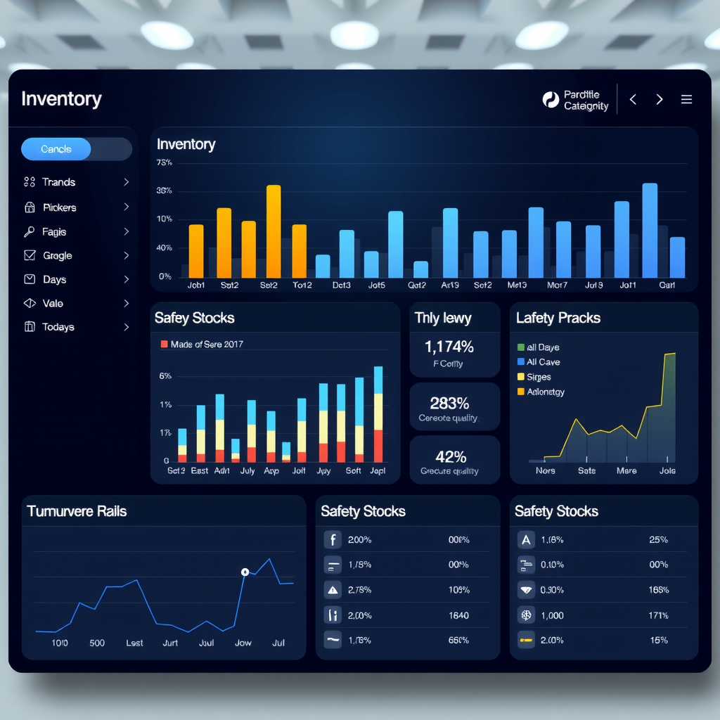 Modernes Dashboard für Bestandsmanagement mit Balkendiagrammen, Trendlinien und Kennzahlen zu Lagerbeständen, Umschlagshäufigkeit und Sicherheitsbeständen in verschiedenen Produktkategorien