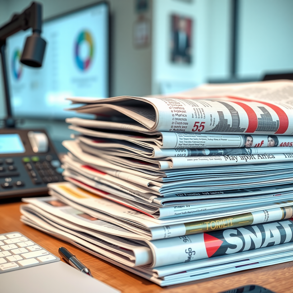 Gestapelte Marktberichte, Wirtschaftszeitungen und Finanzpublikationen auf einem professionellen Schreibtisch