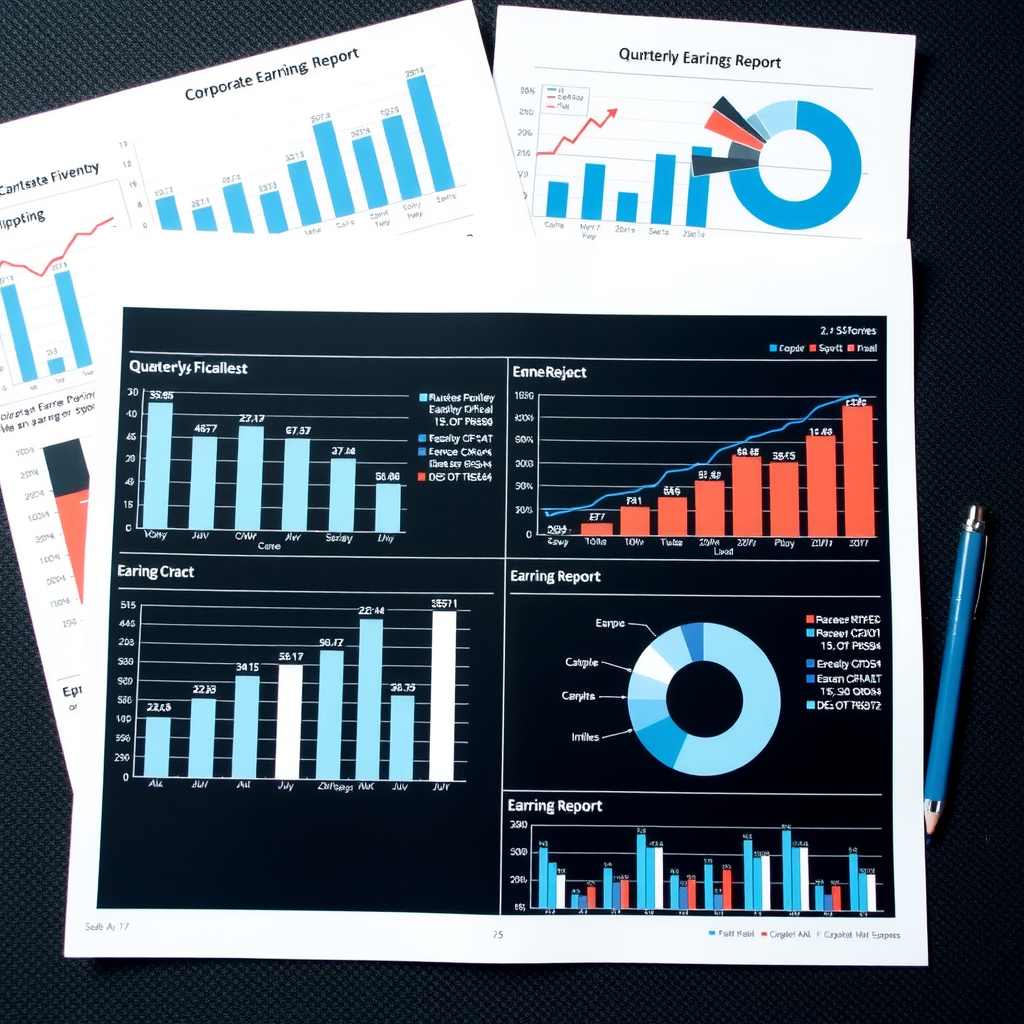 Corporate earnings report documents with bar charts and pie graphs showing quarterly financial performance across multiple industries, featuring professional business analytics visualization