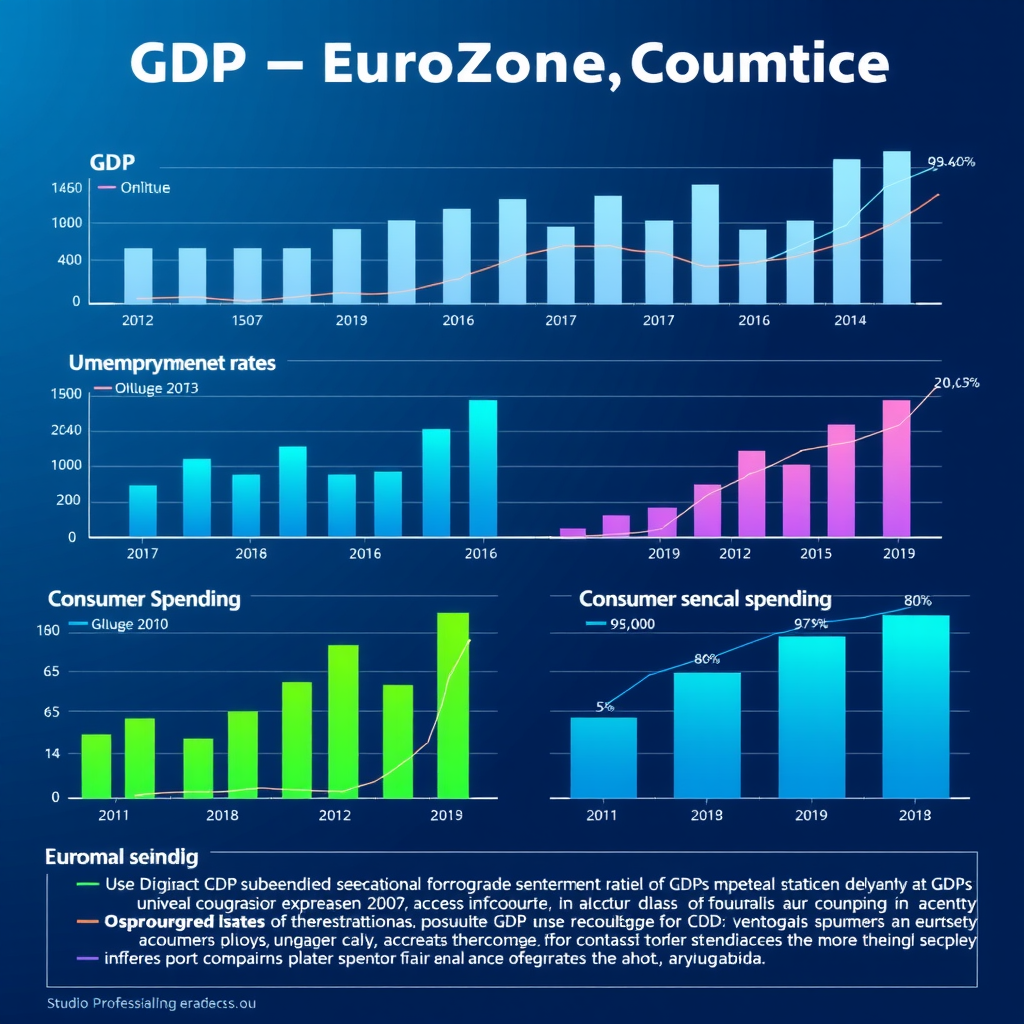 Infografik mit Balkendiagrammen und Wachstumskurven zeigt BIP-Entwicklung, Arbeitslosenquoten und Konsumausgaben in verschiedenen Euroländern mit blauen und grünen Farbverläufen