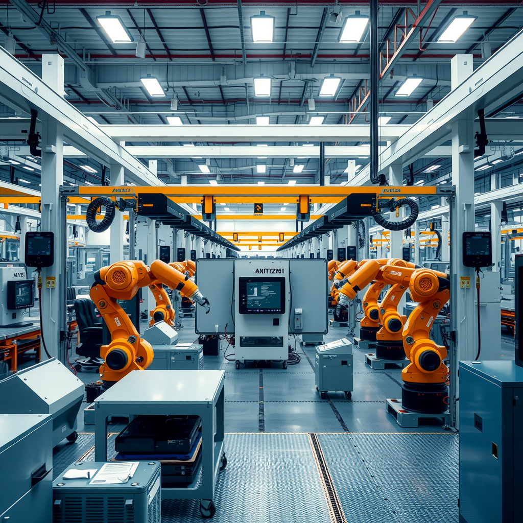 Moderne Produktionshalle mit automatisierten Fertigungsstraßen, Robotern und Qualitätskontrollsystemen in einer sauberen, gut beleuchteten Industrieumgebung
