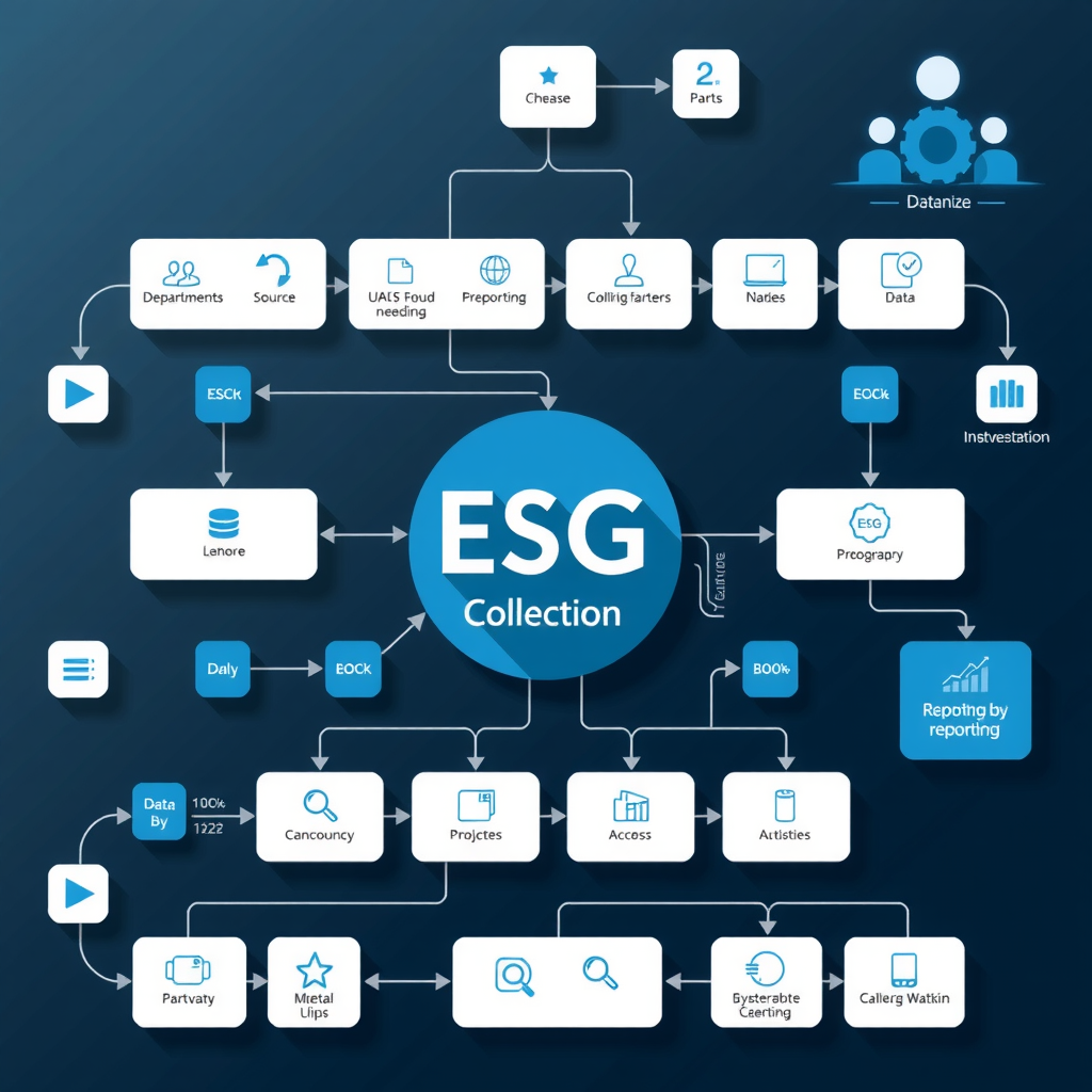 Flussdiagramm eines modernen ESG-Datenerfassungsprozesses in einem Unternehmen, zeigt verschiedene Abteilungen und Datenquellen, die in ein zentrales Reporting-System einfließen, dargestellt in professionellem Stil mit blauen und grauen Elementen