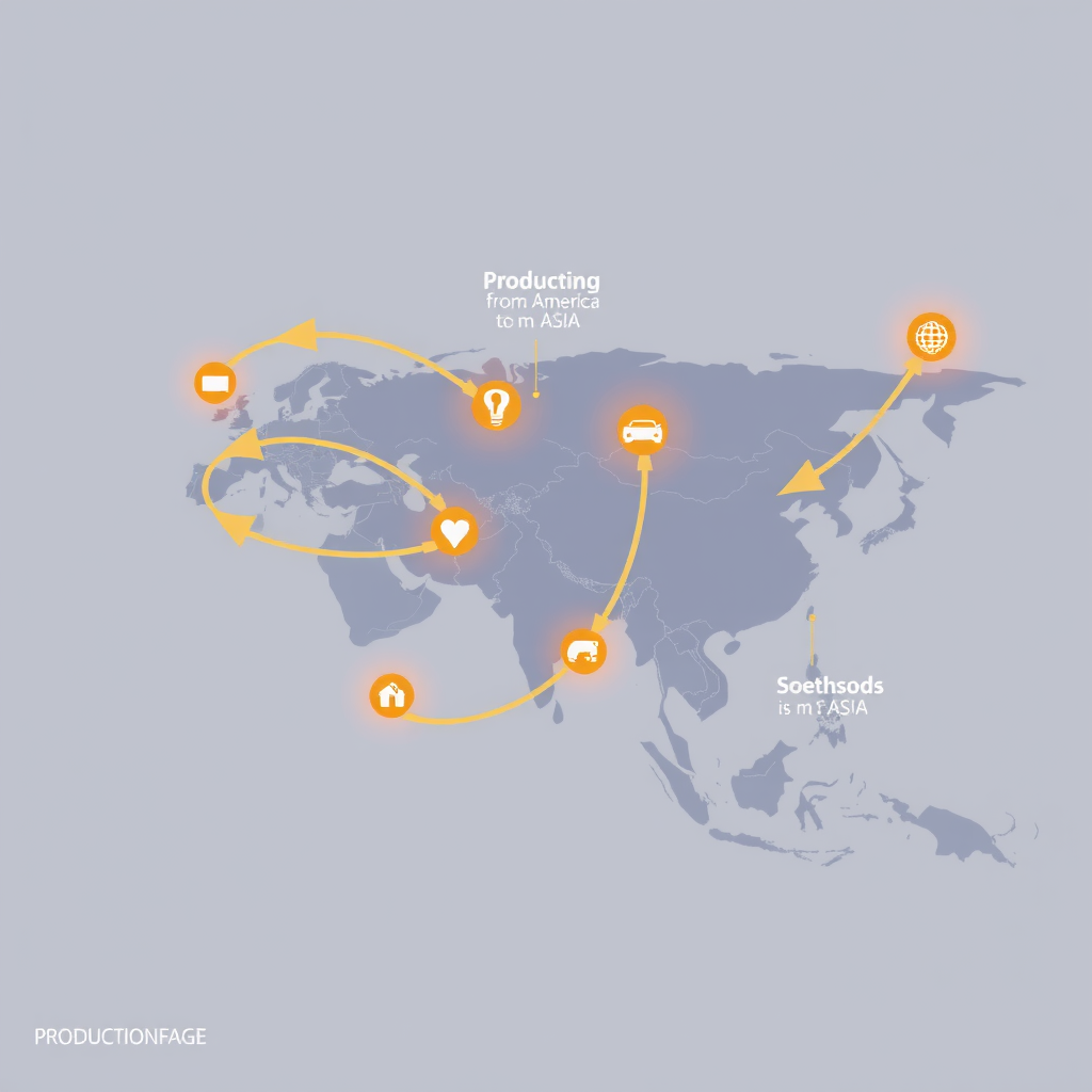 Interaktive Karte mit Pfeilen und Symbolen, die Produktionsverlagerungen von Asien nach Nordamerika, Europa und Südostasien zeigen, mit Hervorhebung von Nearshoring-Hotspots wie Mexiko, Polen und Vietnam