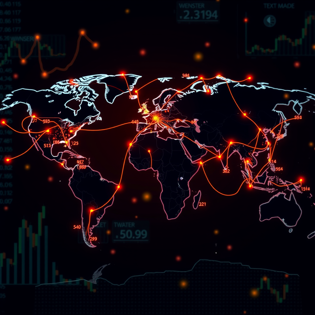 Weltkarte mit leuchtenden Verbindungslinien zwischen Finanzzentren, Börsensymbolen und Echtzeit-Marktdaten