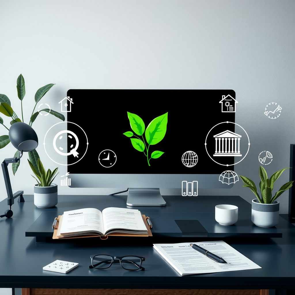 Environmental, social and governance concept illustration with sustainable business icons, green leaves, corporate responsibility symbols, and regulatory compliance documents on a modern desk