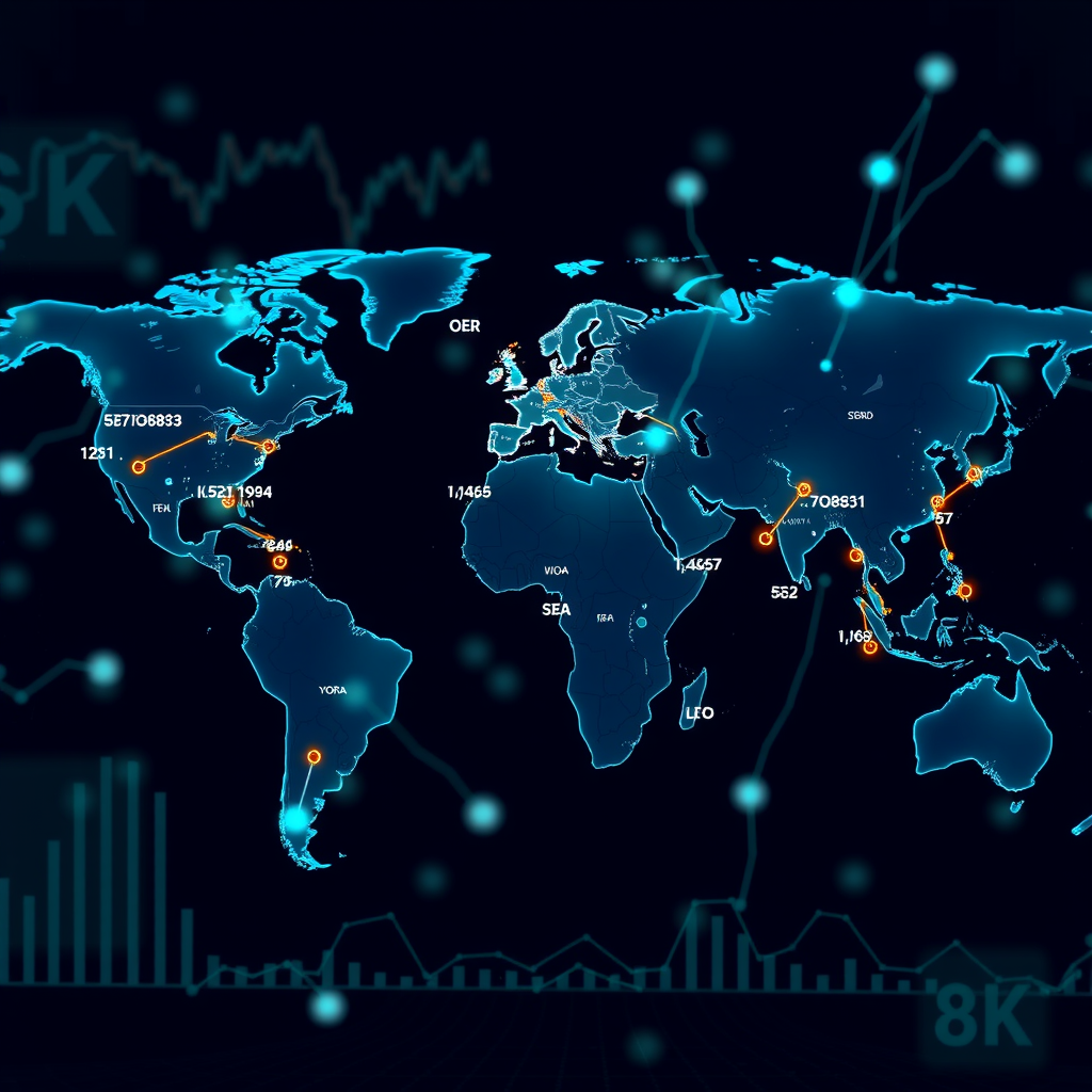 Weltkarte mit leuchtenden Verbindungslinien zwischen Finanzzentren, überlagert mit Börsenkursen und Währungssymbolen, zeigt globale Vernetzung der Finanzmärkte in blau-grünen Tönen