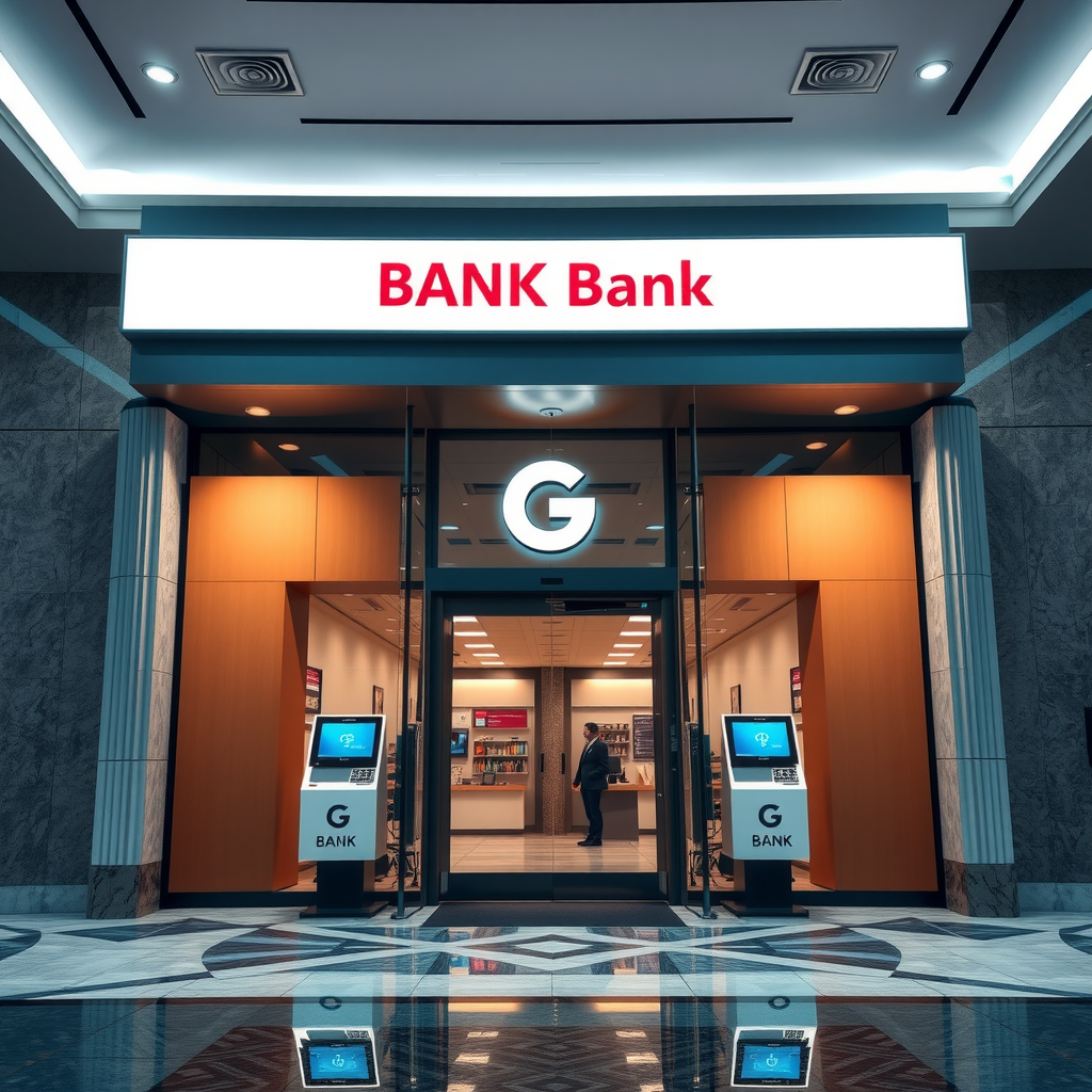 Professionelles Bankgebäude mit modernem Interieur, Beratungsräumen und digitalen Banking-Terminals, die Vertrauen und Stabilität ausstrahlen