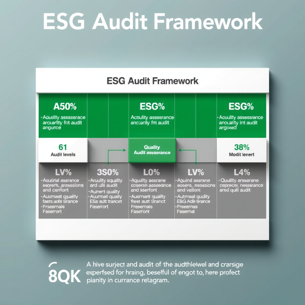 Schematische Darstellung eines ESG-Prüfungsrahmens mit verschiedenen Prüfungsstufen und Qualitätssicherungsmechanismen, visualisiert als professionelles Diagramm in grünen und grauen Farbtönen