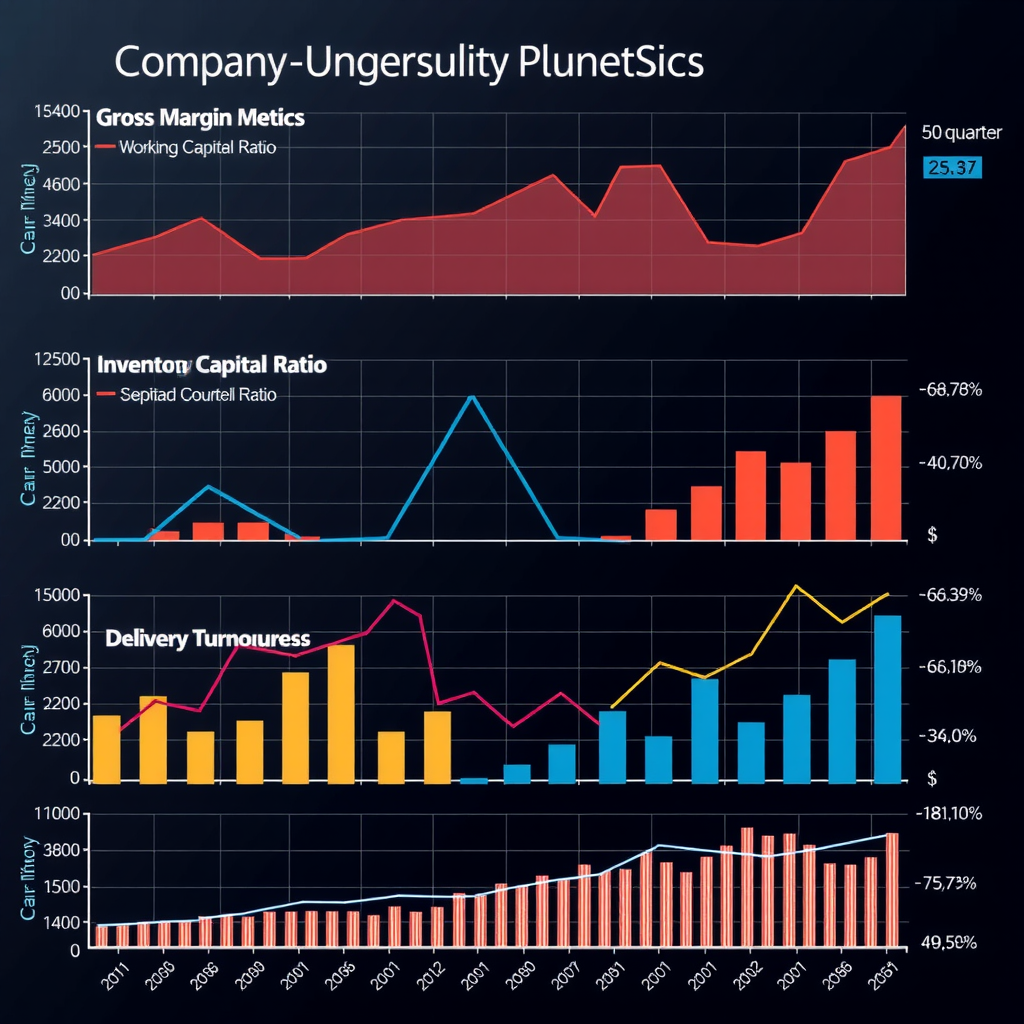 Detailliertes Diagramm mit mehreren Linien und Balken, das Unternehmenskennzahlen wie Bruttomargen, Working Capital Ratio, Lagerumschlag und Liefertreue über mehrere Quartale hinweg vergleicht