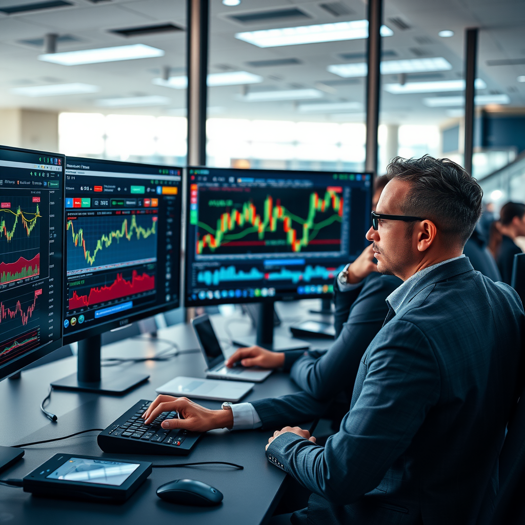 Professioneller Analyst arbeitet mit mehreren Bildschirmen, Finanzcharts und Marktdaten in einem modernen Büro