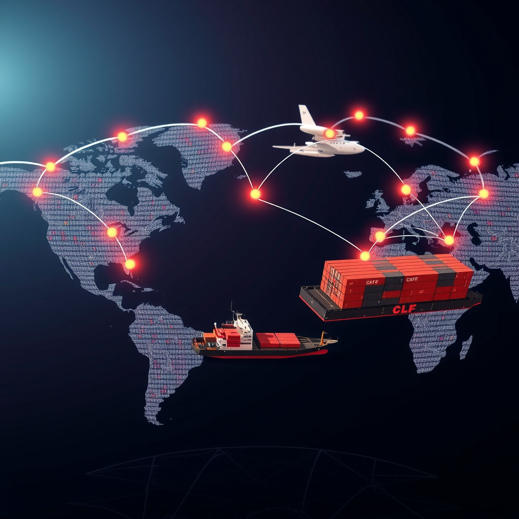 Global supply chain network visualization with shipping containers, cargo ships, transportation routes on world map, warehouse logistics, and inventory management systems in a professional business context