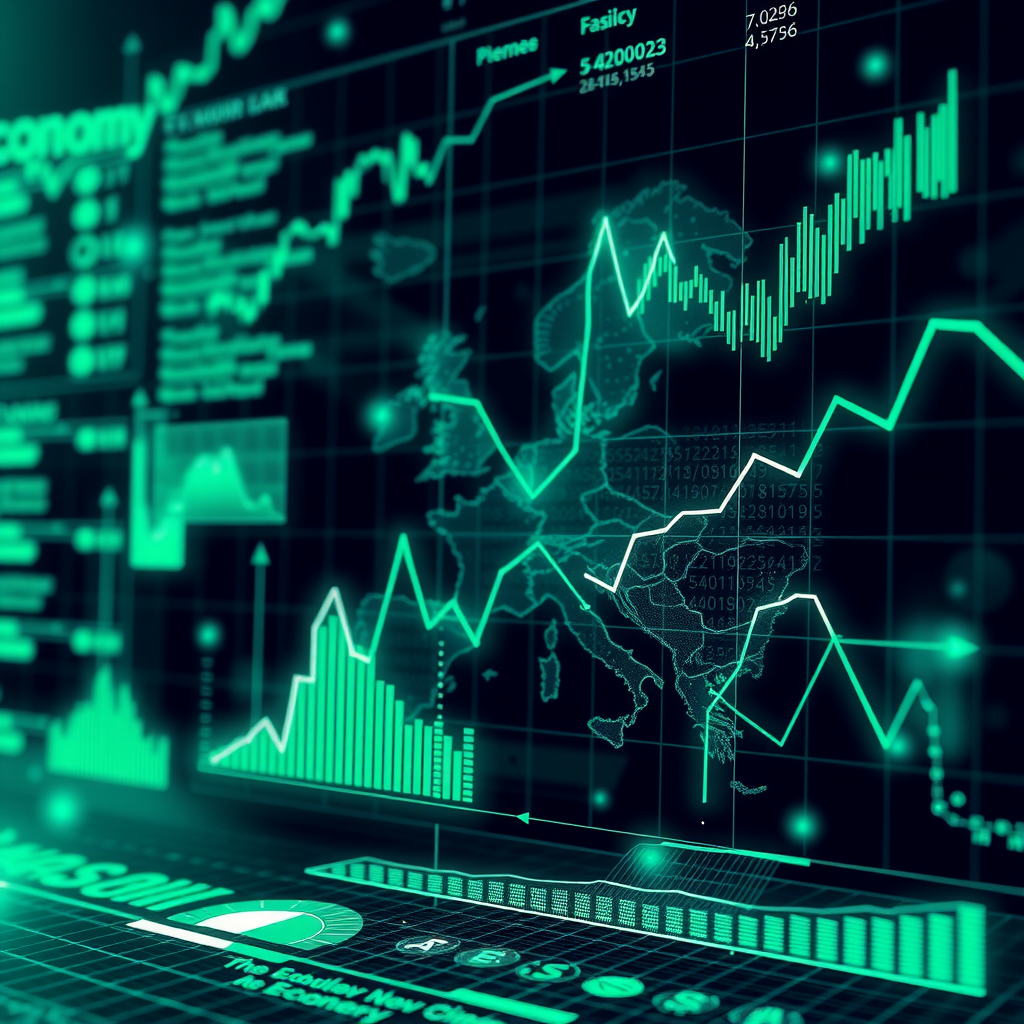 Futuristische Darstellung von Wirtschaftsprognosen mit holografischen Projektionen, Datenströmen und Trendlinien in grün-blauen Farbtönen, symbolisiert Zukunft der europäischen Wirtschaft