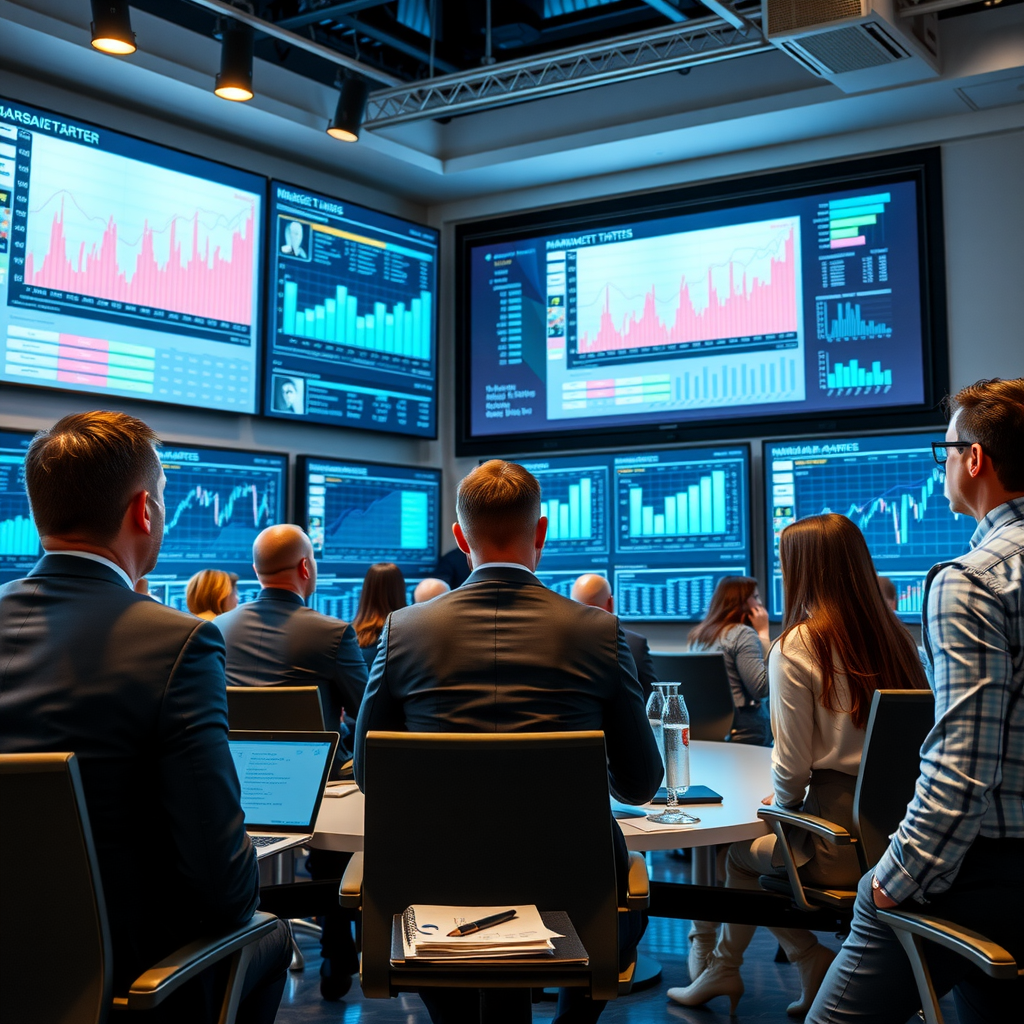Geschäftsleute in einer modernen Konferenz analysieren Markttrends auf großen Bildschirmen mit Diagrammen, Grafiken und Datenvisualisierungen