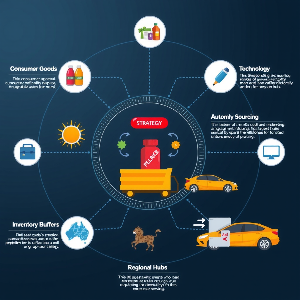 Infografik mit verschiedenen Branchen-Icons (Konsumgüter, Pharma, Technologie, Automobil) und zugehörigen Strategieelementen wie Dual-Sourcing, Bestandspuffern und regionalen Hubs