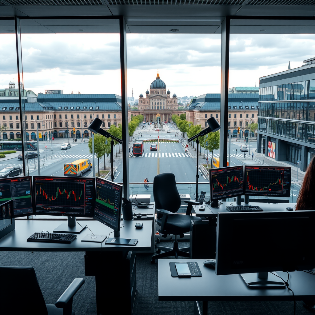 Modernes Büro in Berlin mit Blick auf den Kurfürstendamm, Arbeitsplätze mit Finanzmonitoren
