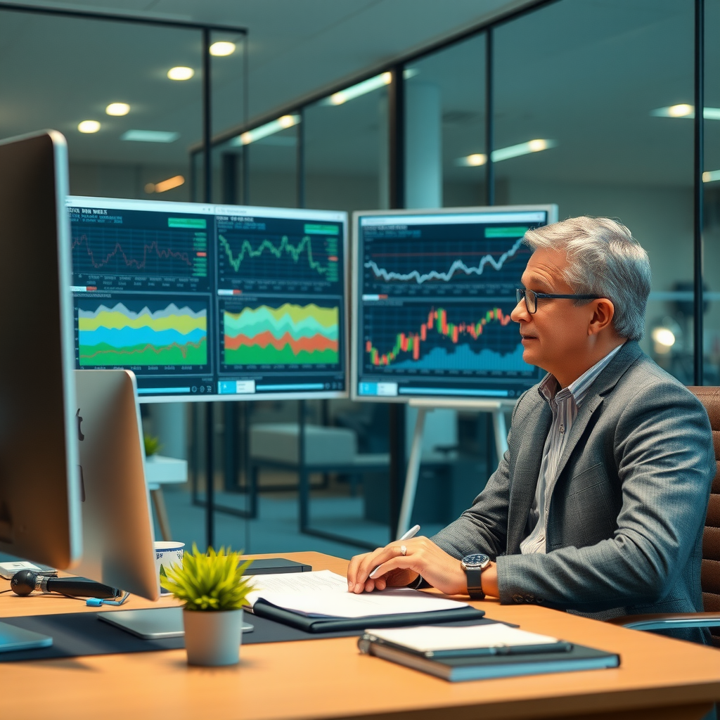 Professioneller Finanzberater präsentiert Investitionsstrategien und Marktausblick mit detaillierten Charts und Prognosen in einem modernen Büro
