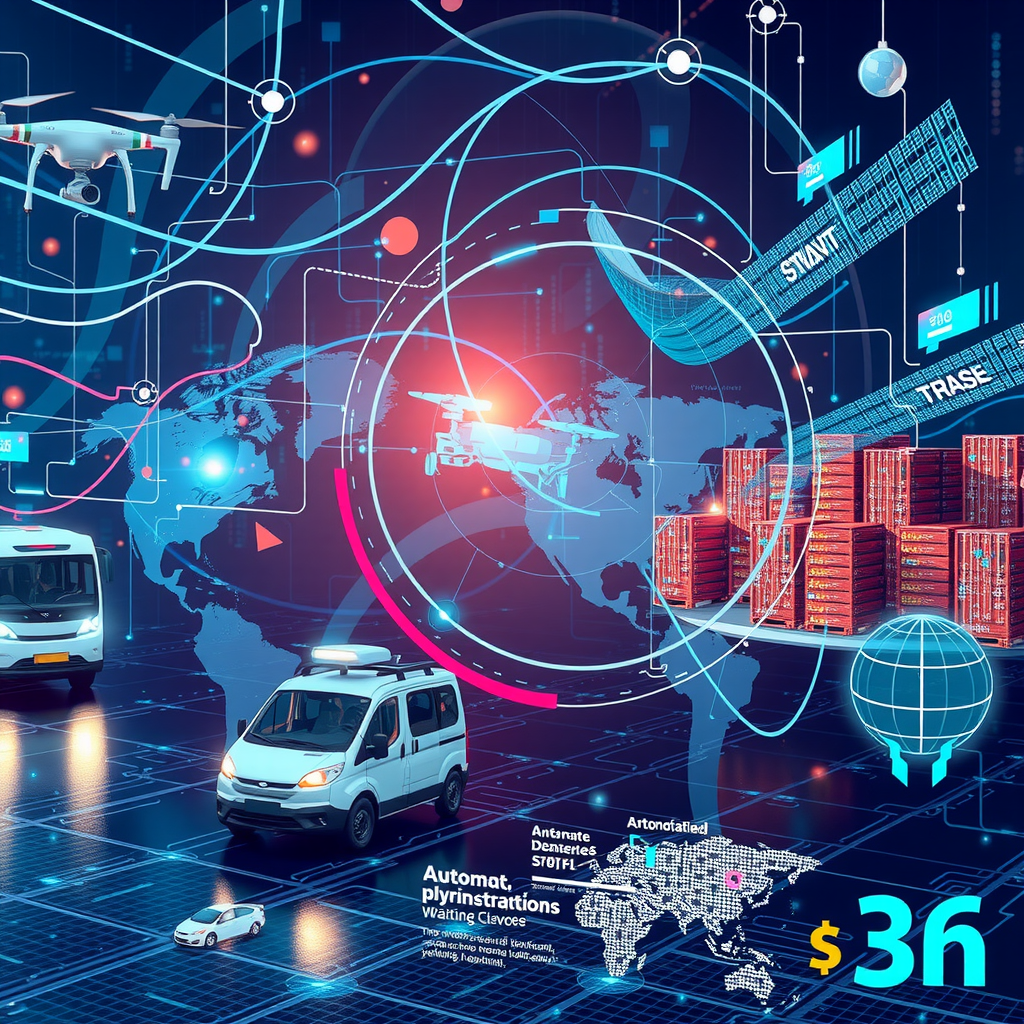 Futuristische Darstellung einer vernetzten Lieferkette mit digitalen Elementen, autonomen Fahrzeugen, Drohnen, Smart Warehouses und Datenströmen, die eine hochautomatisierte und transparente Zukunft symbolisieren