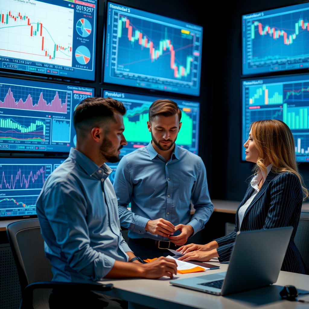 Professionelles Team bei der Analyse von Marktdaten, Diskussion vor großen Bildschirmen mit Charts